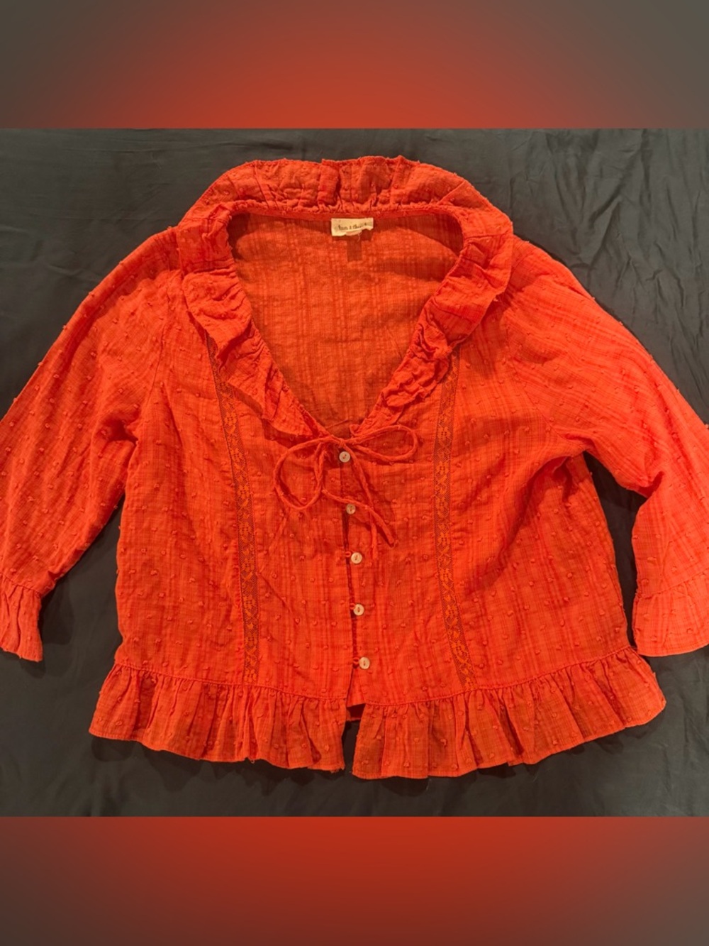 Hem & Thread Red Ruffle slightly cropped button peasant top 3/4 sleeve medium
